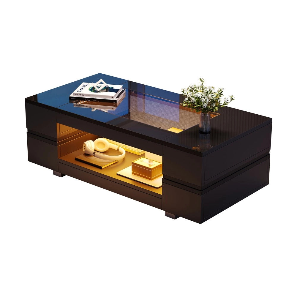 Tavolino da Caff¨¨ LED con Bluetooth ¨C MINIMAL ¨C Nero, Doppio Piano, Lucido