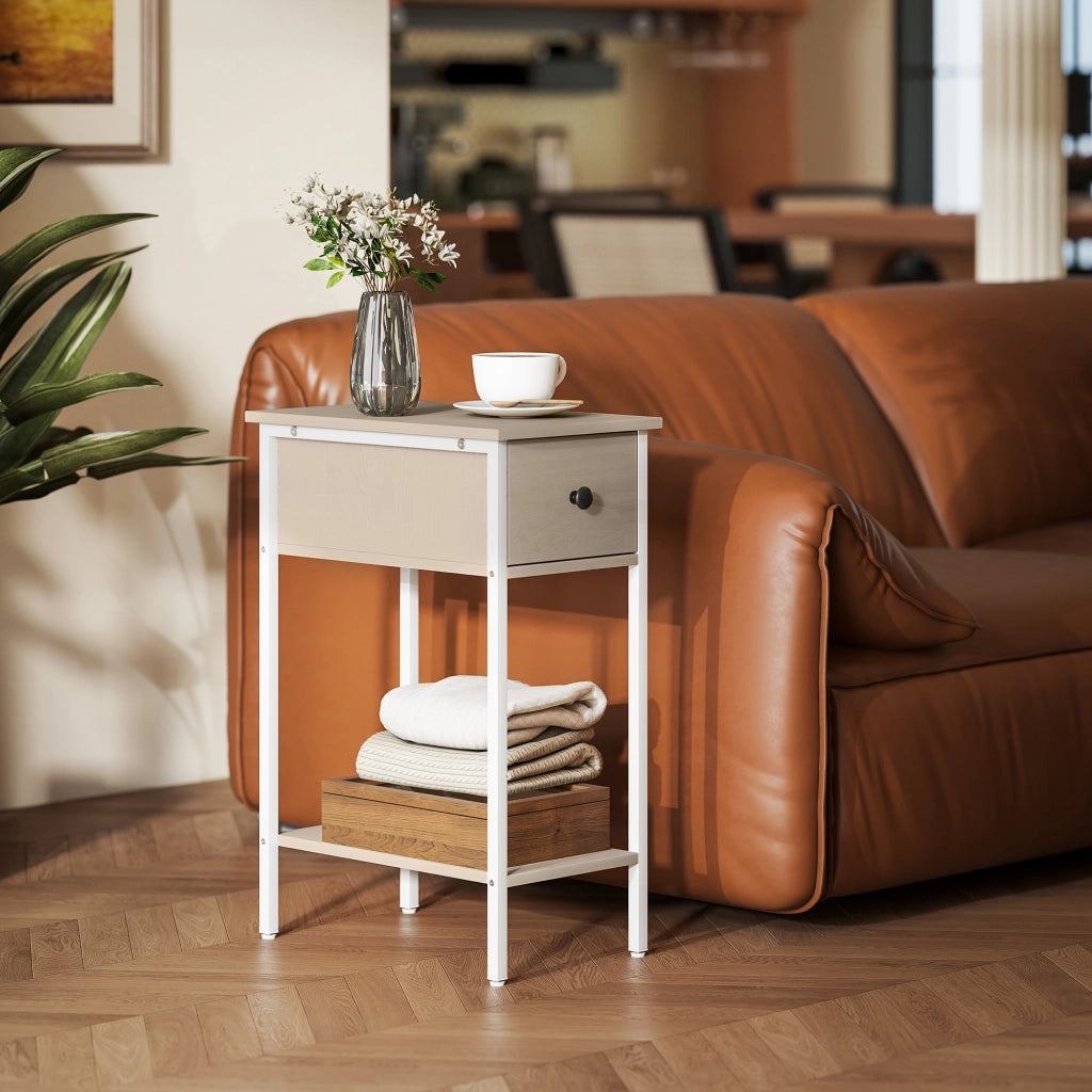 Tavolino con Cassetto e Ripiano Aperto ¨C Zephmum ¨C 25x39,8x58,2 cm Legno Naturale Metallo