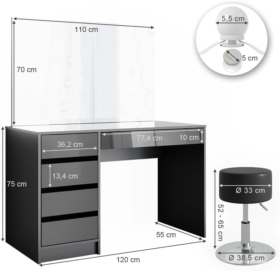 Tavolo da toeletta Sherry, Antracite, 120 cm con illuminazione a LED e sgabello, con illuminazione LED e sgabello coordinato
