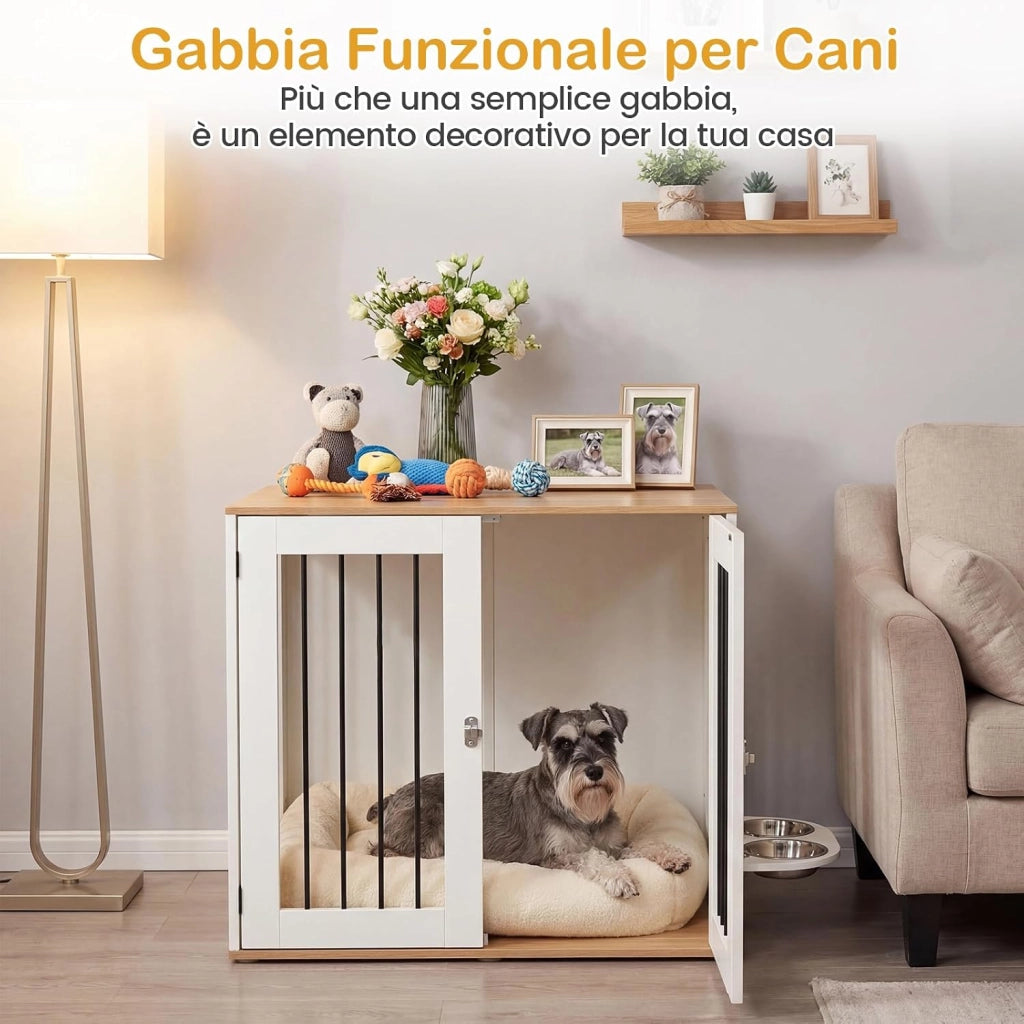 Cuccia per Cani da Interno, Gabbia per Cane Piccolo e Midio con 2 Ciotole Girevoli, 2 Porte e Chiusura di Sicurezza, Casetta per Cuccioli, 80 x 66,5 x 71,5 cm