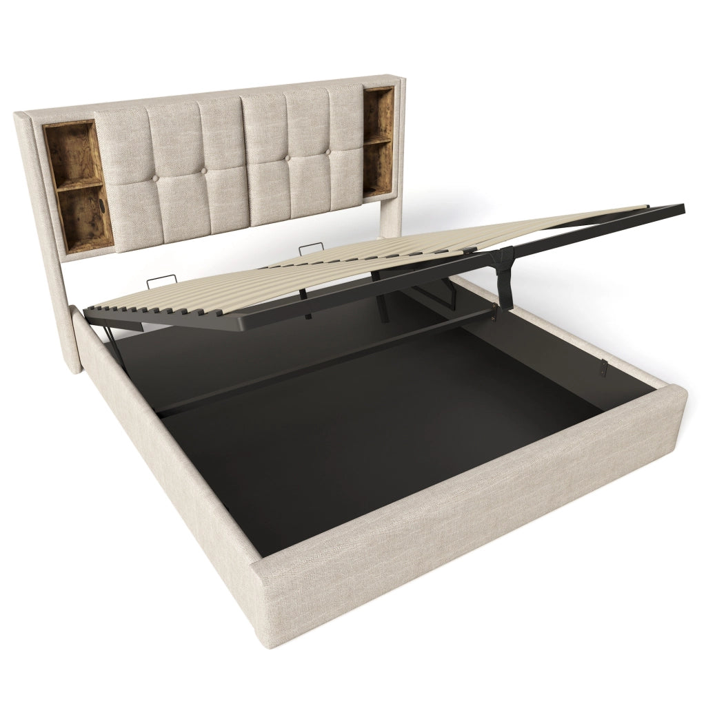 Letto contenitore 140x200 cm con ricarica wireless; USB e USB-C; in lino naturale con materasso