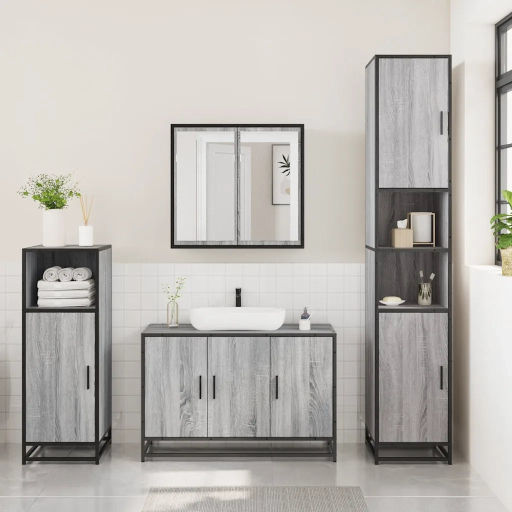 Set Mobili da Bagno 3 pz Grigio Sonoma in Legno Multistrato