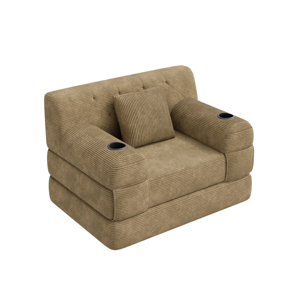 Poltrona letto 1 posto 107x162 cm in velluto a coste con portabevande; kaki