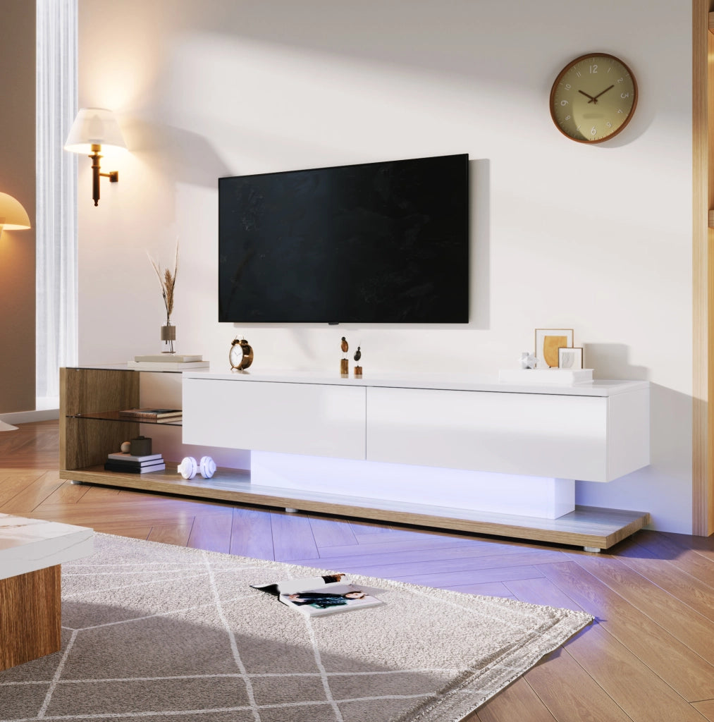 Mobile TV bianco lucido con cassetti e ripiani in vetro