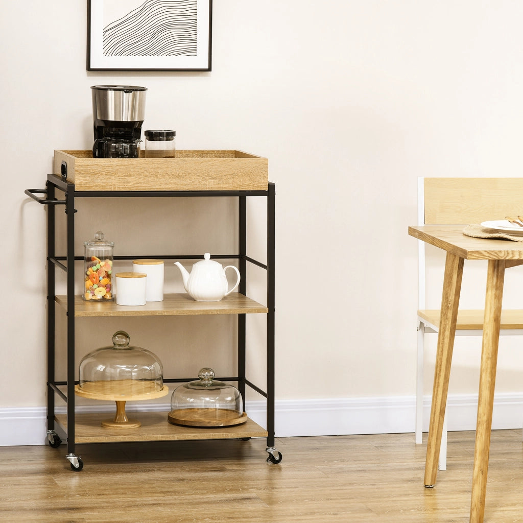 Carrello da Cucina 3 Ripiani con Vassoio Rimovibile ¨C Zephmum ¨C Legno e Nero 72x40x94cm