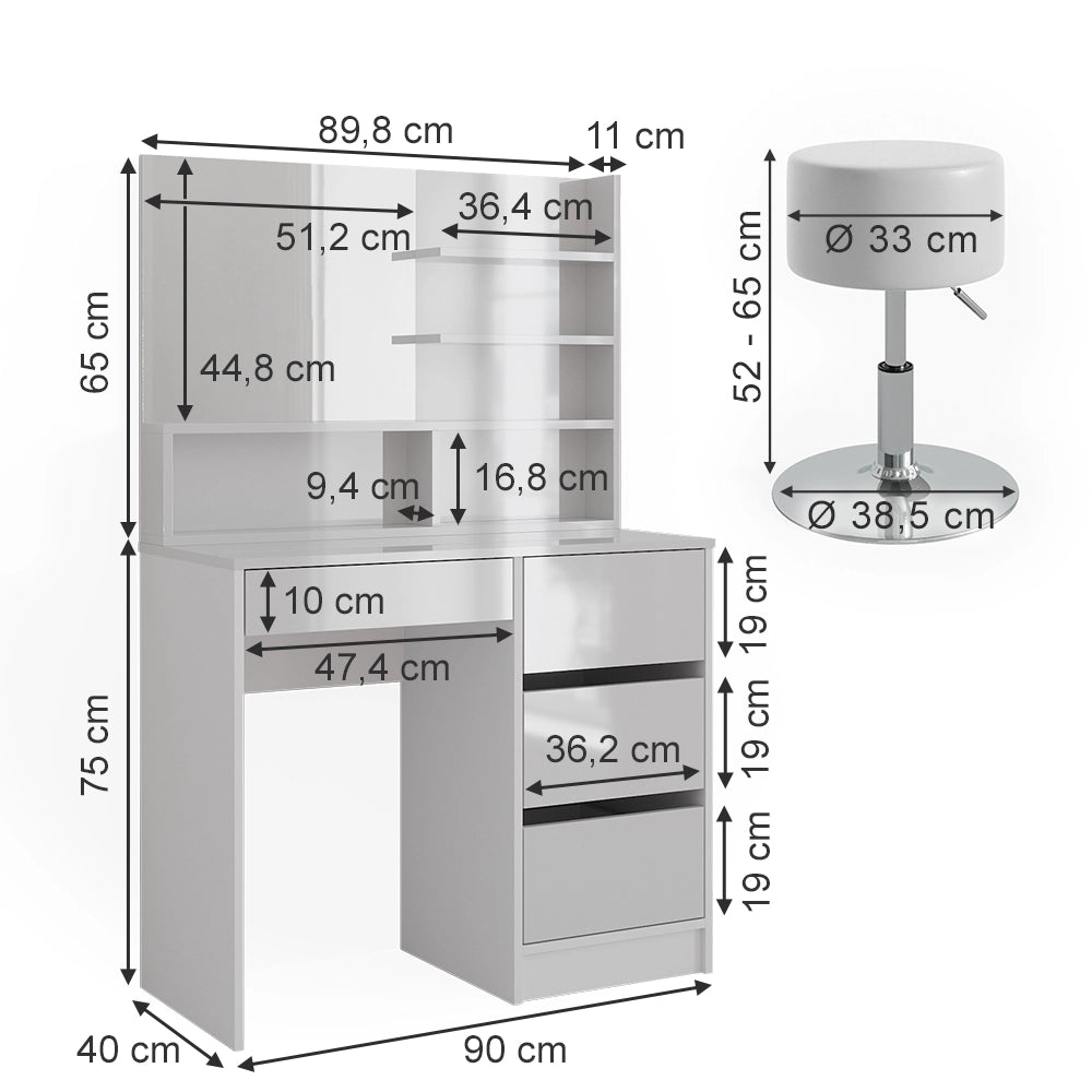 Vicco Tavolo da toeletta Bianco 90 cm con sgabello