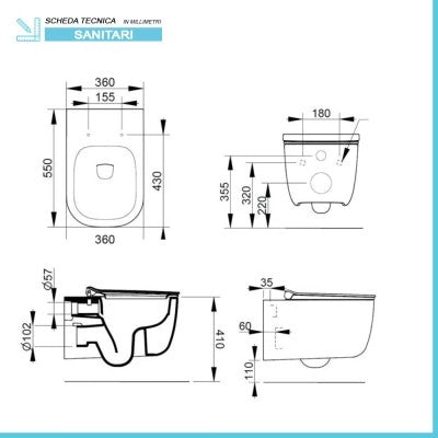 Wc sospeso Rimless Mirto in ceramica lucida con scarico a parete