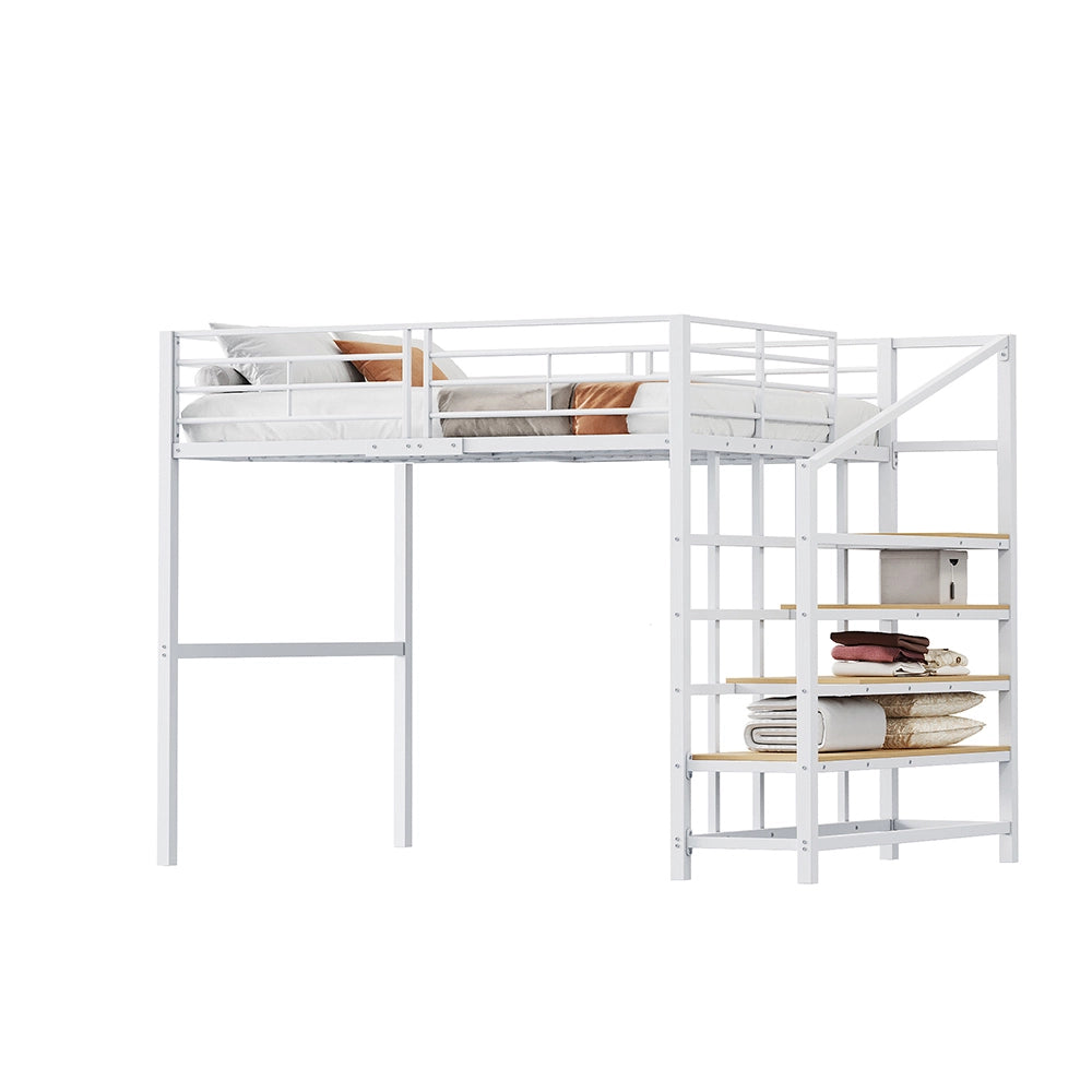 Lit mezzanine superpos?? 140x200 cm - Xylo - Metallo con spazio di archiviazione e scala, bianco