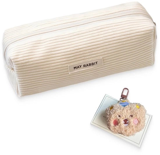 Etui di stoffa corduroy, etui bianco latte per ragazze e adolescenti, etui per penne etui scolastico etui per ufficio - bianco, viene fornito con un grazioso hanger di peluche.