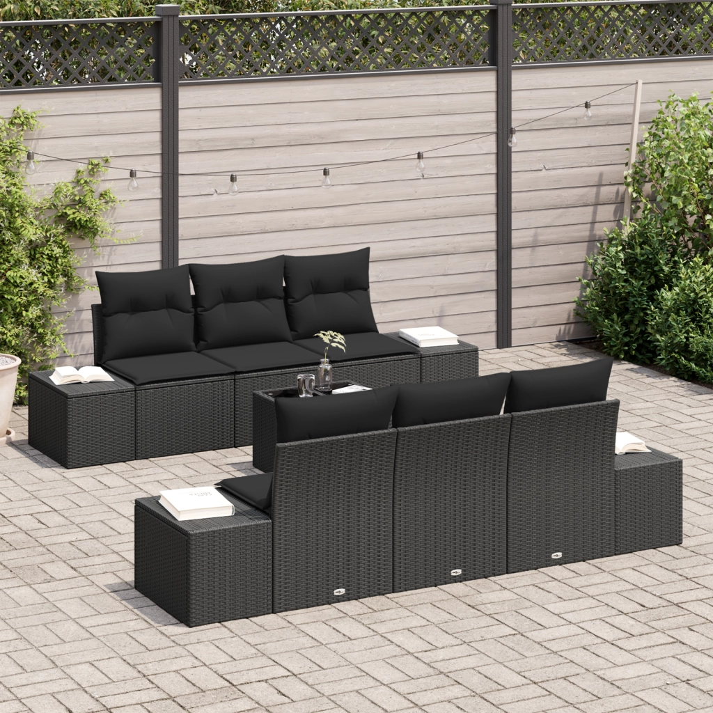 Set Divano Giardino 7 Pezzi con Cuscini Nero Polyrattan
