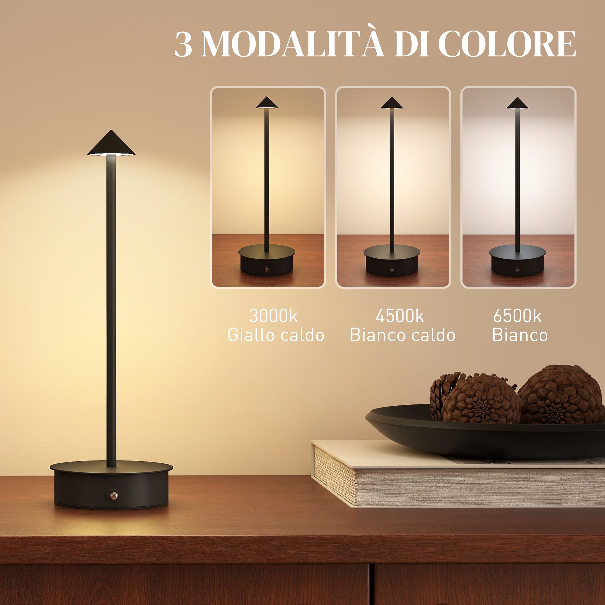 Lampada da Tavolo Touch Luce Led 3 Tonalità Ricaricabile con USB in Acciaio Nero