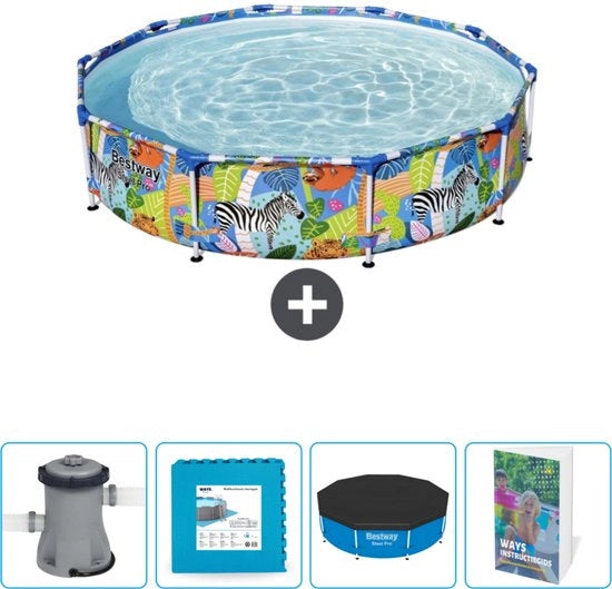 Piscina Rond Acciaio Pro - 305 x 66 cm - Disegno Giungla - Inclusa Pompaggio - Gres Porcellanato - Copertura - Guida Piscina