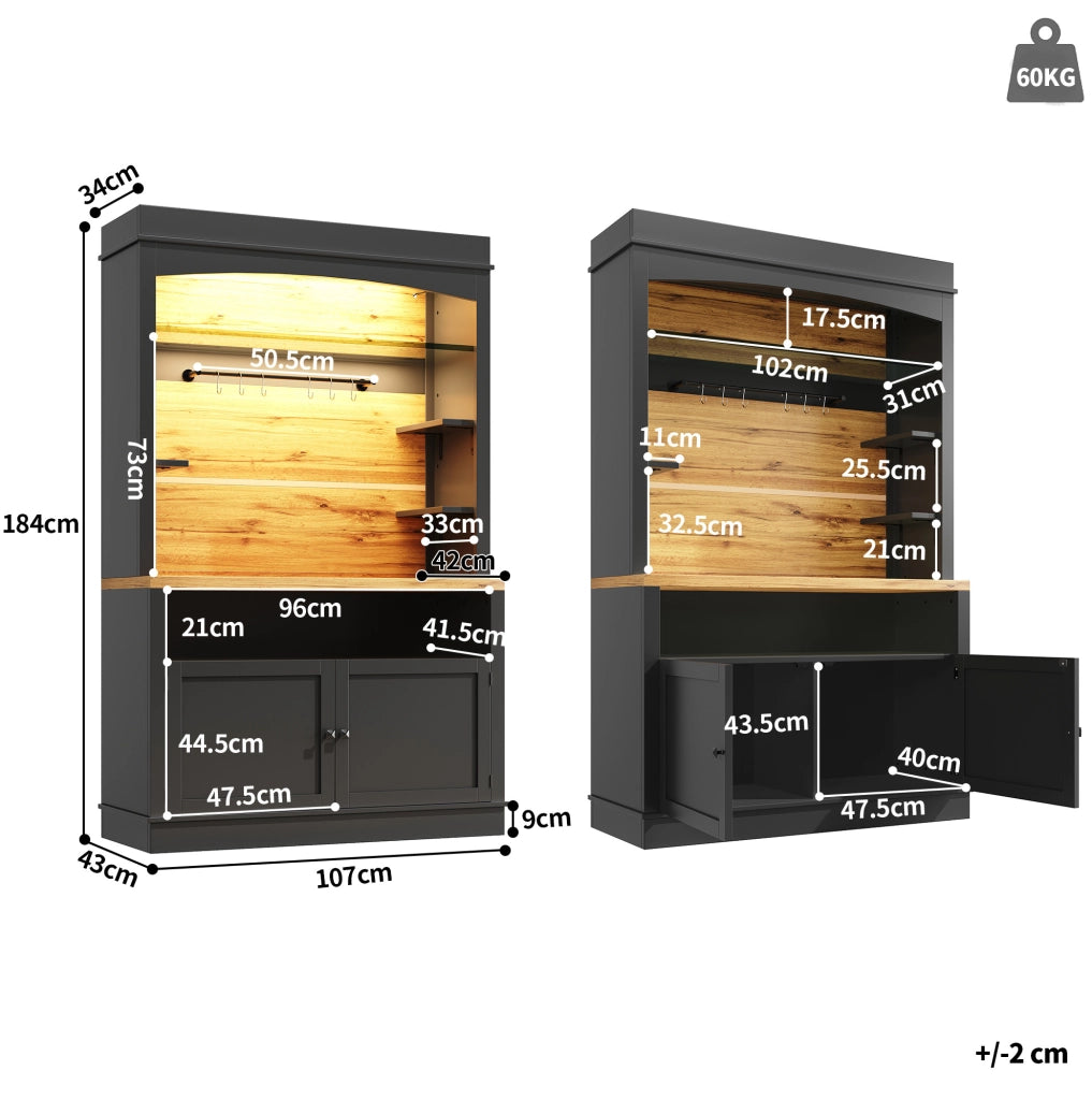 ARMADIO DA CUCINA ALTO 107x43x184 cm Nero LED Set 2 unità