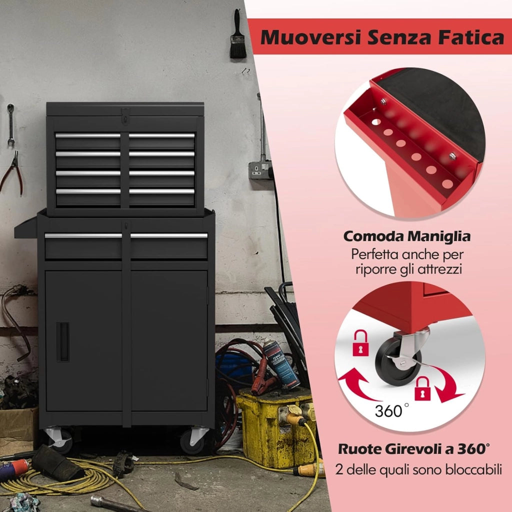 Cassettiera Portautensili a 4 Cassetti, Carrello per Attrezzi con Ruote Bloccabili Ripiano Regolabile e Rivestimento Antiscivolo, 59 x 28 x 102 cm (Nero)