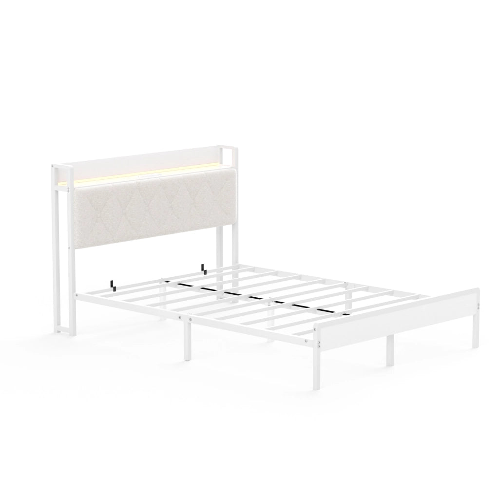 Letto imbottito 140x190 cm bianco con testiera LED, USB, contenitore e struttura in metallo