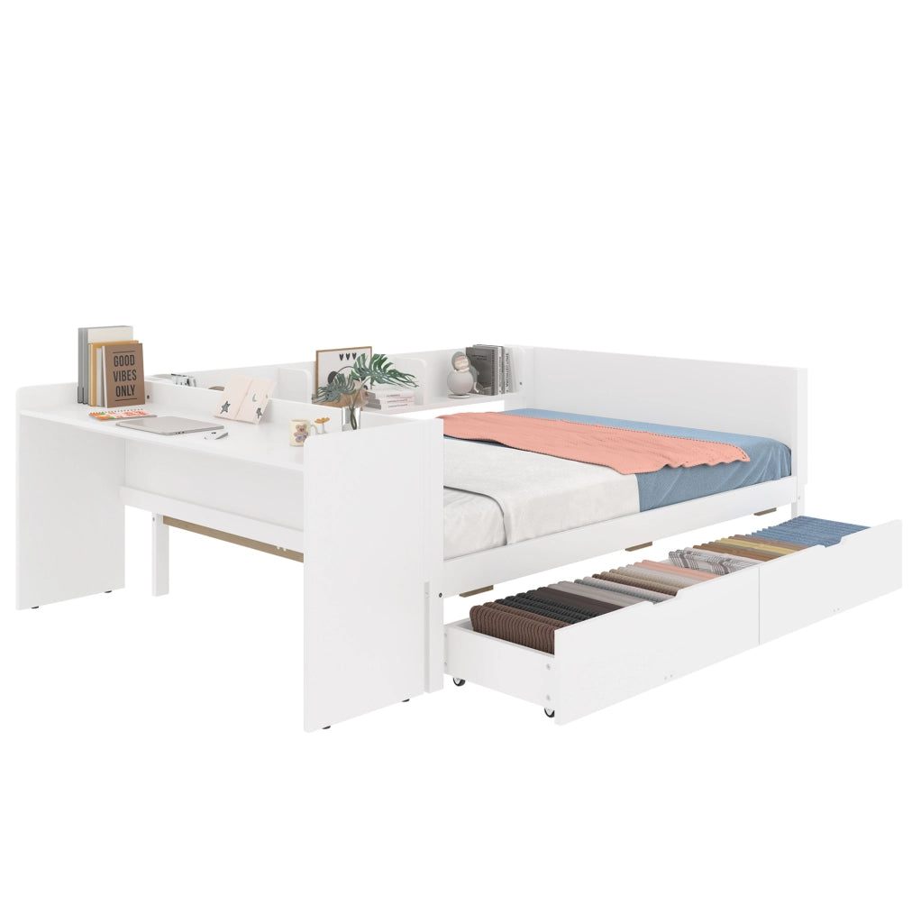 Letto multifunzione 140x200 cm con scrivania, ripiani e 2 cassetti
