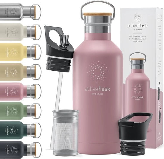 Fles RVS con rietello, zonnetabella + 3 coperchi: privo di BPA (Bisfenolo A), impermeabile, per bevande gassate, acqua, termos di bicicletta, isolato, sportello, tazza di tè
