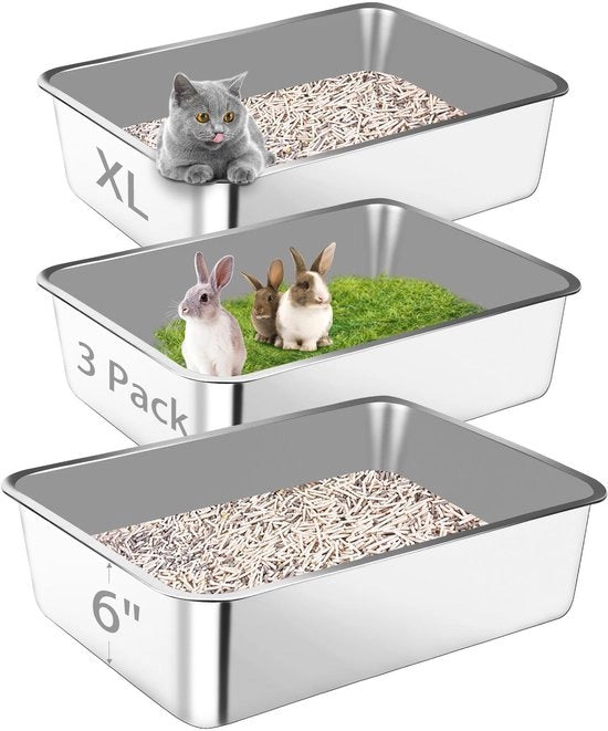 Scatola per gatti in acciaio inossidabile (3-pack), grande scatola per gatti grandi, multiuso, rivestimento antiscivolo, facile da pulire (60-40-15 cm)