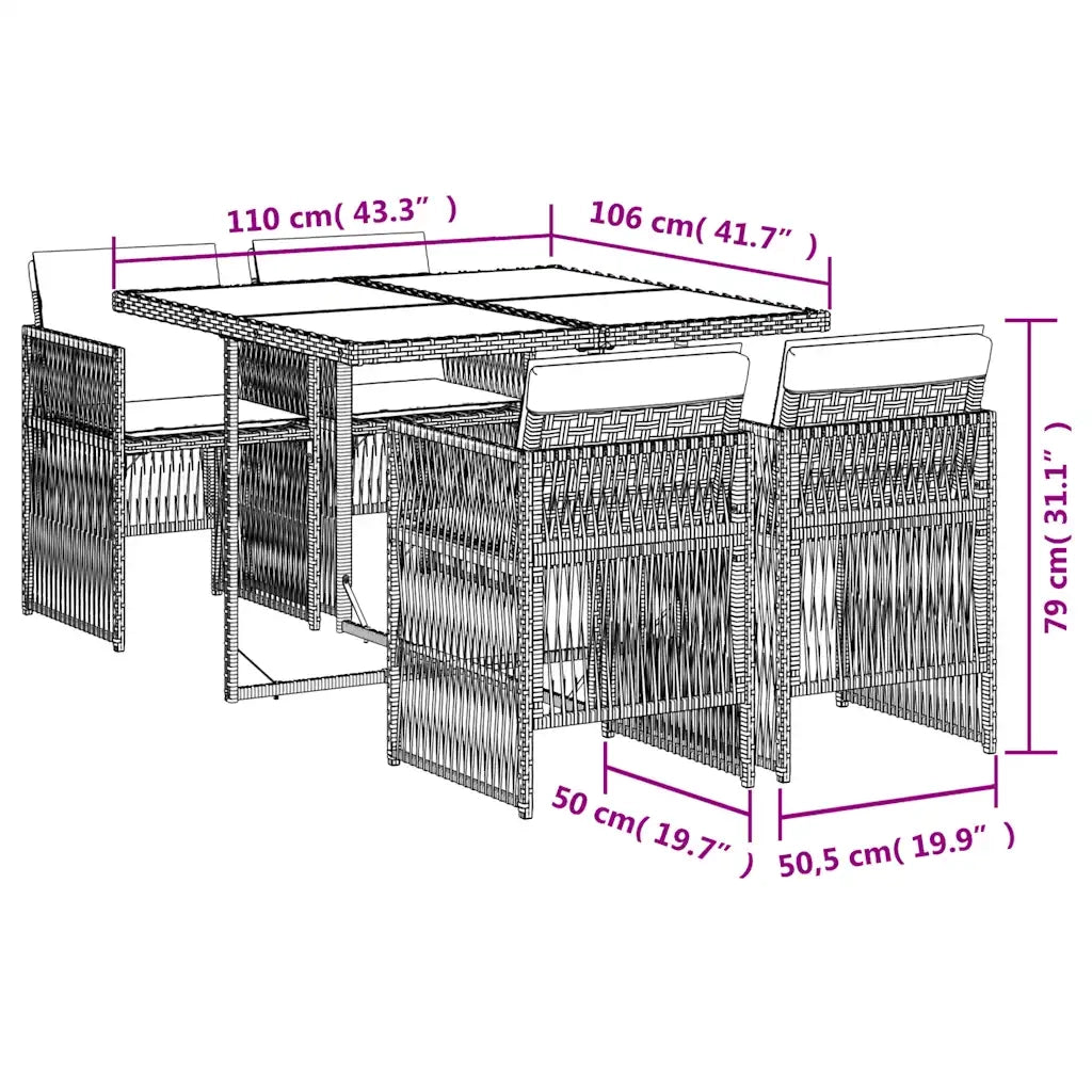 Set da Pranzo da Giardino 5pz con Cuscini in Polyrattan Marrone