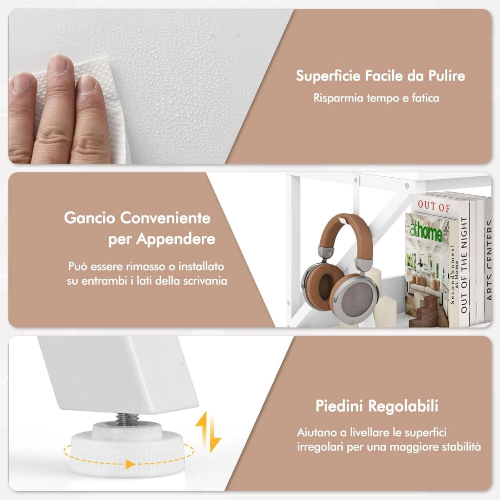 Scrivania Salvaspazio per Computer, Scrivania con Struttura Metallica, Supporto per Monitor, Gancio Pendente e Ripiano, Scrivania Versatile a Forma di R per Ufficio e Casa