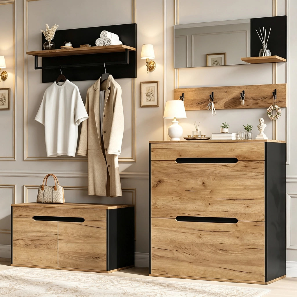 Mobile ingresso con 2 scarpiere; 1 cassetto e specchio - per ingresso - in MDF e truciolato - 156×36×176 cm - naturale e nero