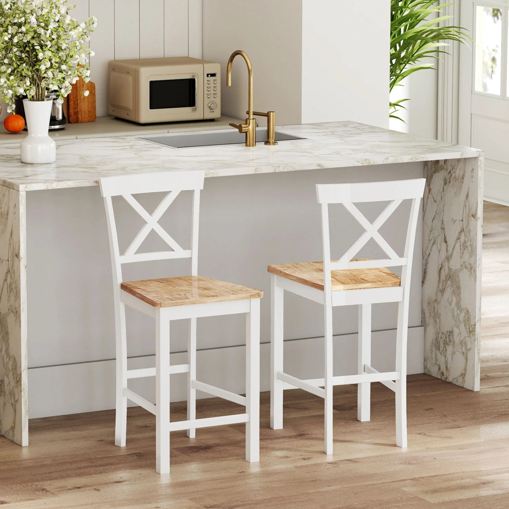 Set 2 Sedie da Bar con Schienale e Poggiapiedi ¨C Zephmum ¨C Legno Hevea Colore E+Beige