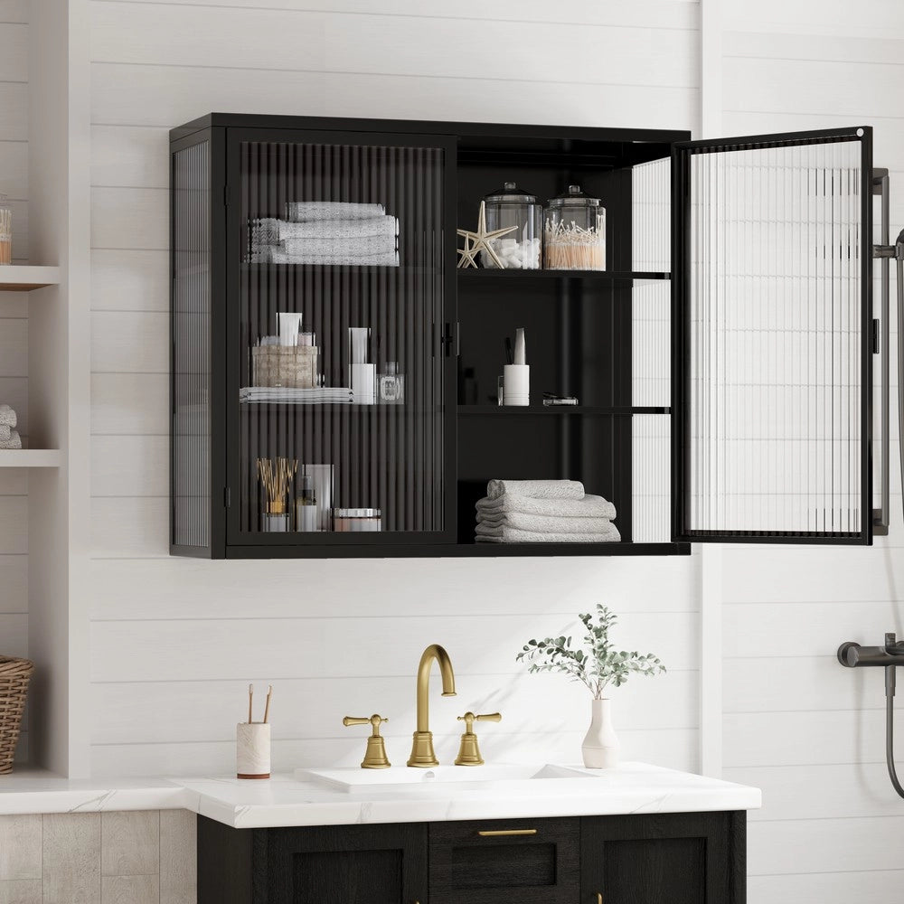 Mobile da ingresso a muro ¨C Minimal ¨C Bianco e nero, vetro trasparente, 3 ripiani, 70 cm, salvaspazio