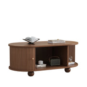 Tavolino da salotto ovale con anta scorrevole e vano contenitore; in MDF; Noce; 100 × 50 × 40 cm
