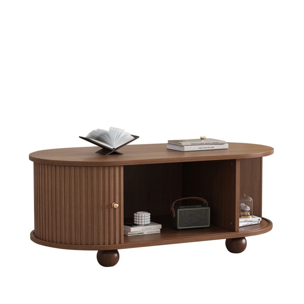 Tavolino da salotto ovale con anta scorrevole e vano contenitore; in MDF; Noce; 100 × 50 × 40 cm