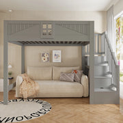 Letto a soppalco 140x200 cm con parapetto a finestra e scala contenitore reversibile; legno massello grigio
