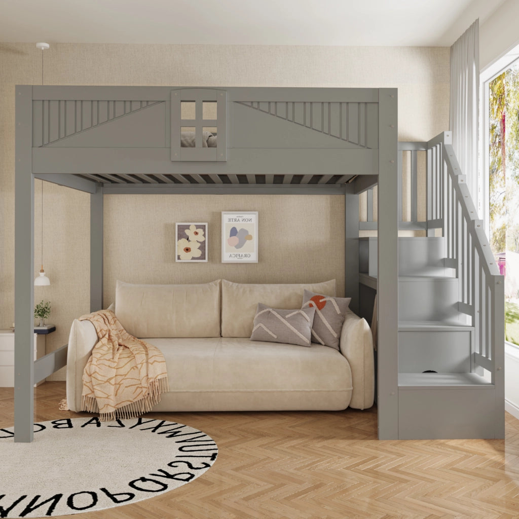 Letto a soppalco 140x200 cm con parapetto a finestra e scala contenitore reversibile; legno massello grigio