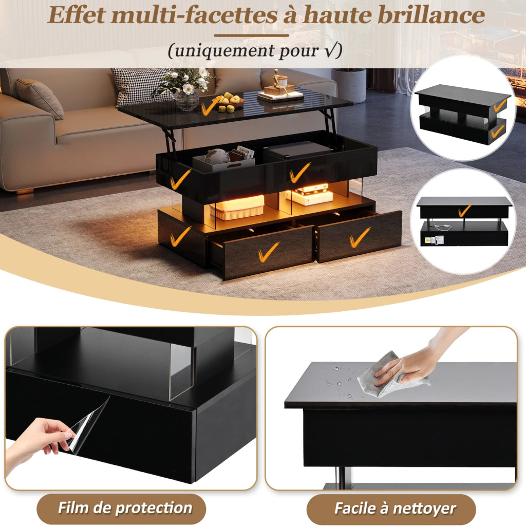 Tavolino da caffè elevabile 100 x 50 x 46 cm nero in MDF con LED e 2 cassetti