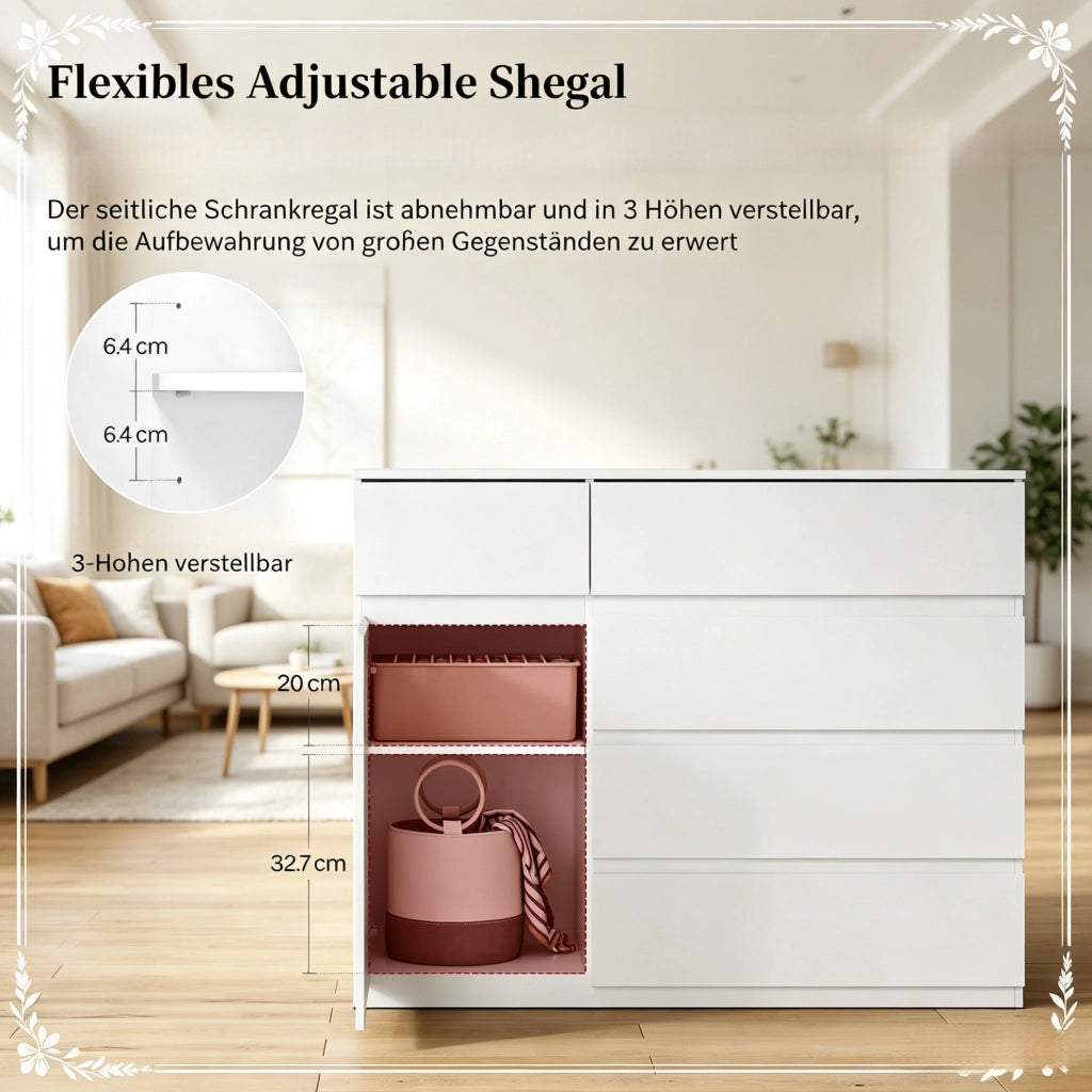 Armadio moderno bianco con 5 cassetti e ripiano regolabile, 100x40x80 cm
