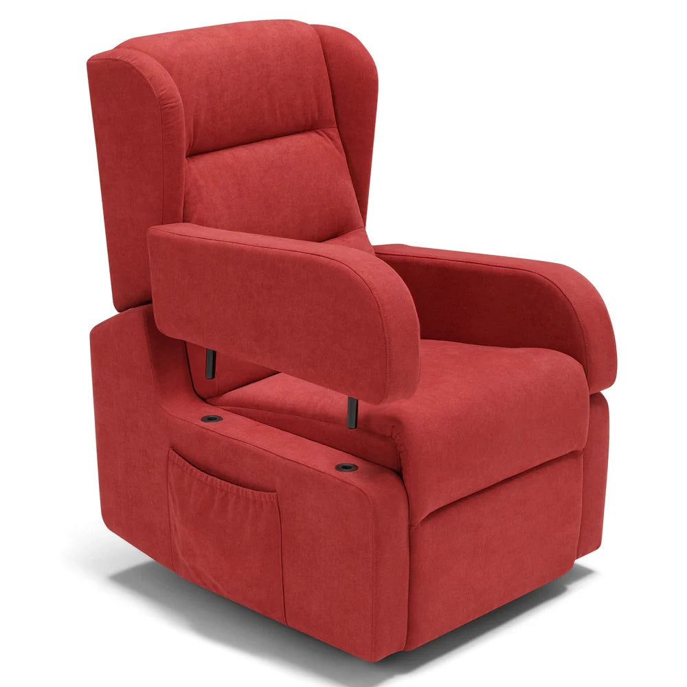 Poltrona relax elettrica Bilbao per anziani, 2 motori, 4 ruote, reclinazione e alzapersona, Tavolino di Servizio, braccioli estrabili, doppia pediera, colore Rosso