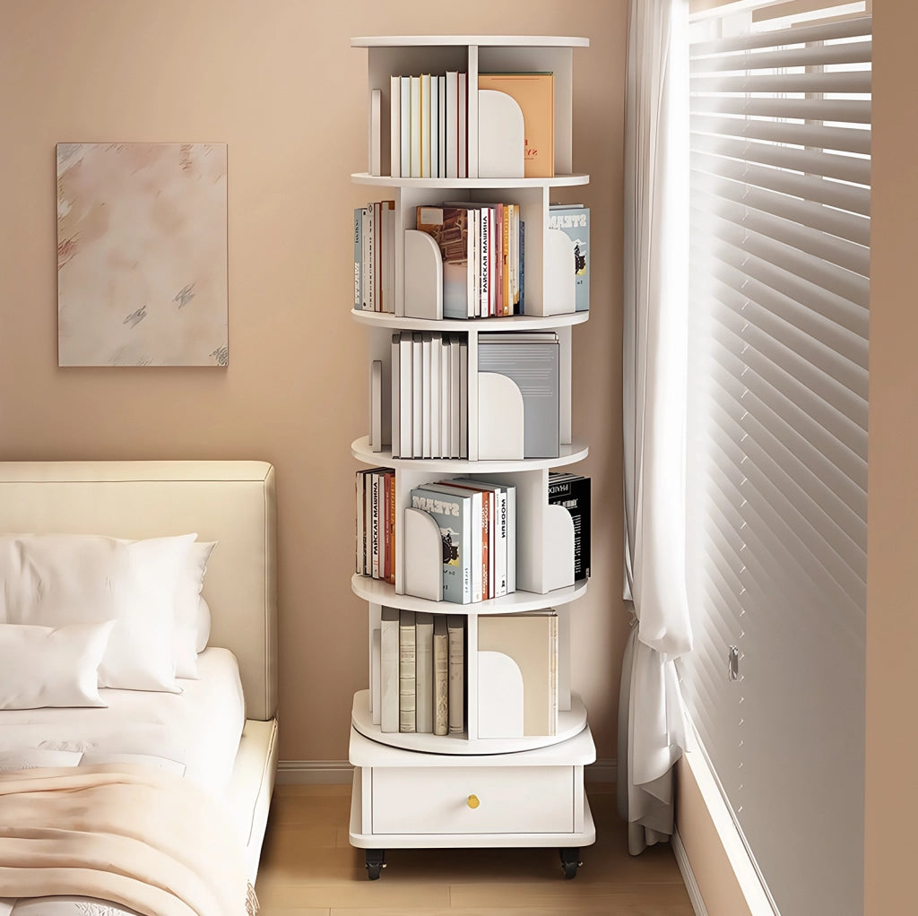 Libreria Girevole a 360° con Cassetto e Ruote, Bianca in MDF