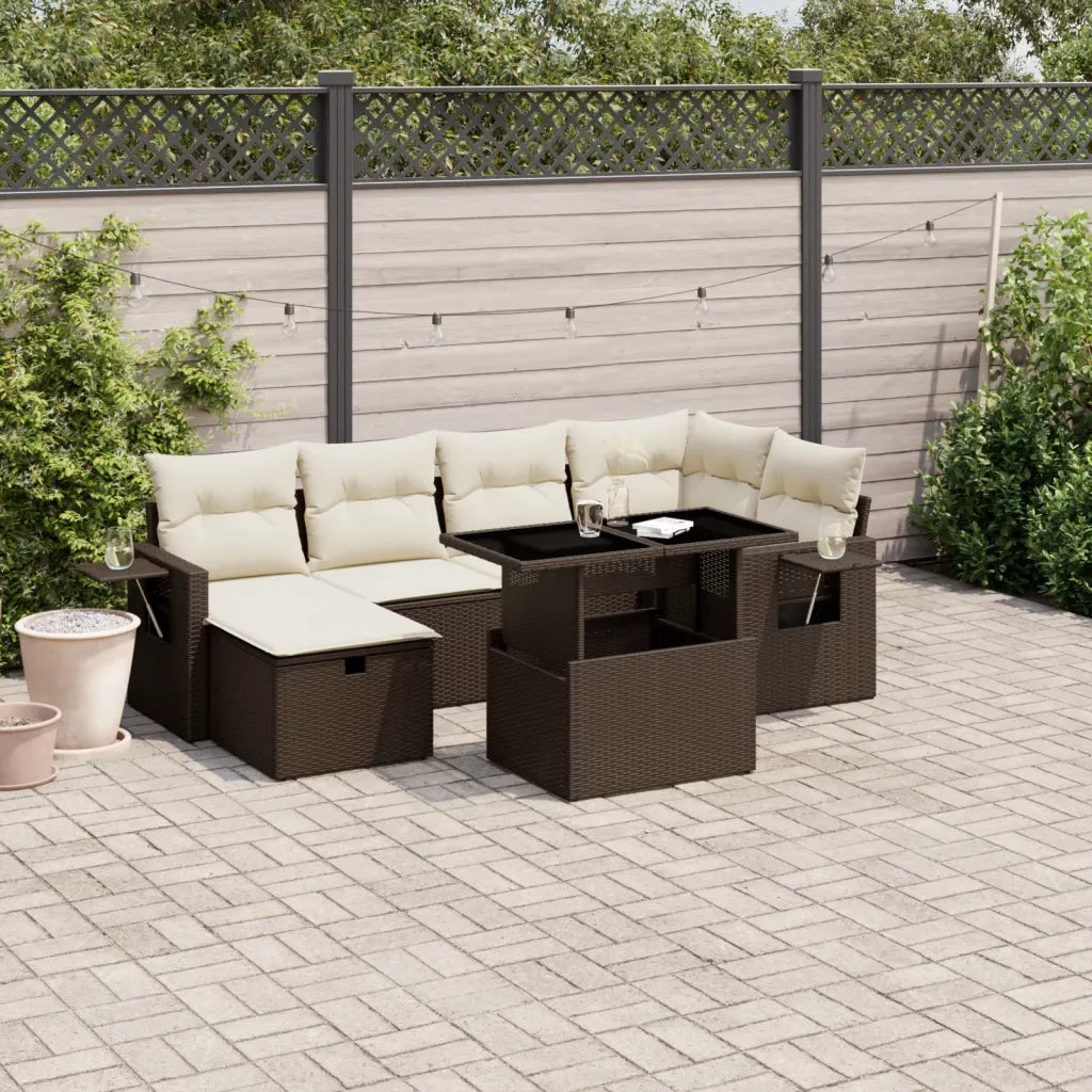 Set Divani da Giardino 7 pz con Cuscini Marrone in Polyrattan