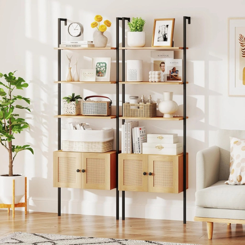 Libreria a scala a 5 ripiani con armadio in rattan con struttura in metallo-Libreria a scala da parete alto 184 cm Naturale