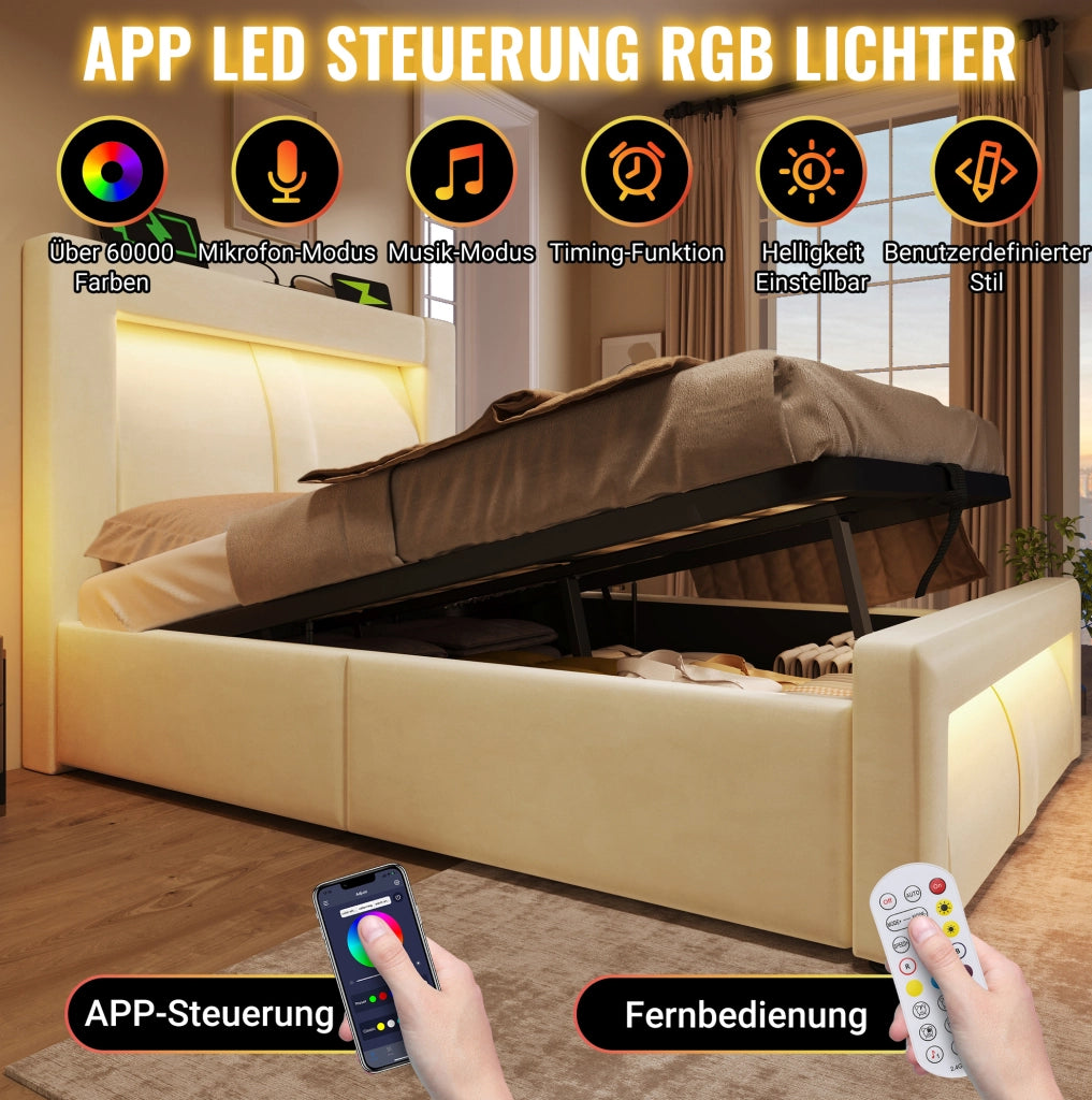 Letto imbottito con contenitore, luci LED e stazione di ricarica