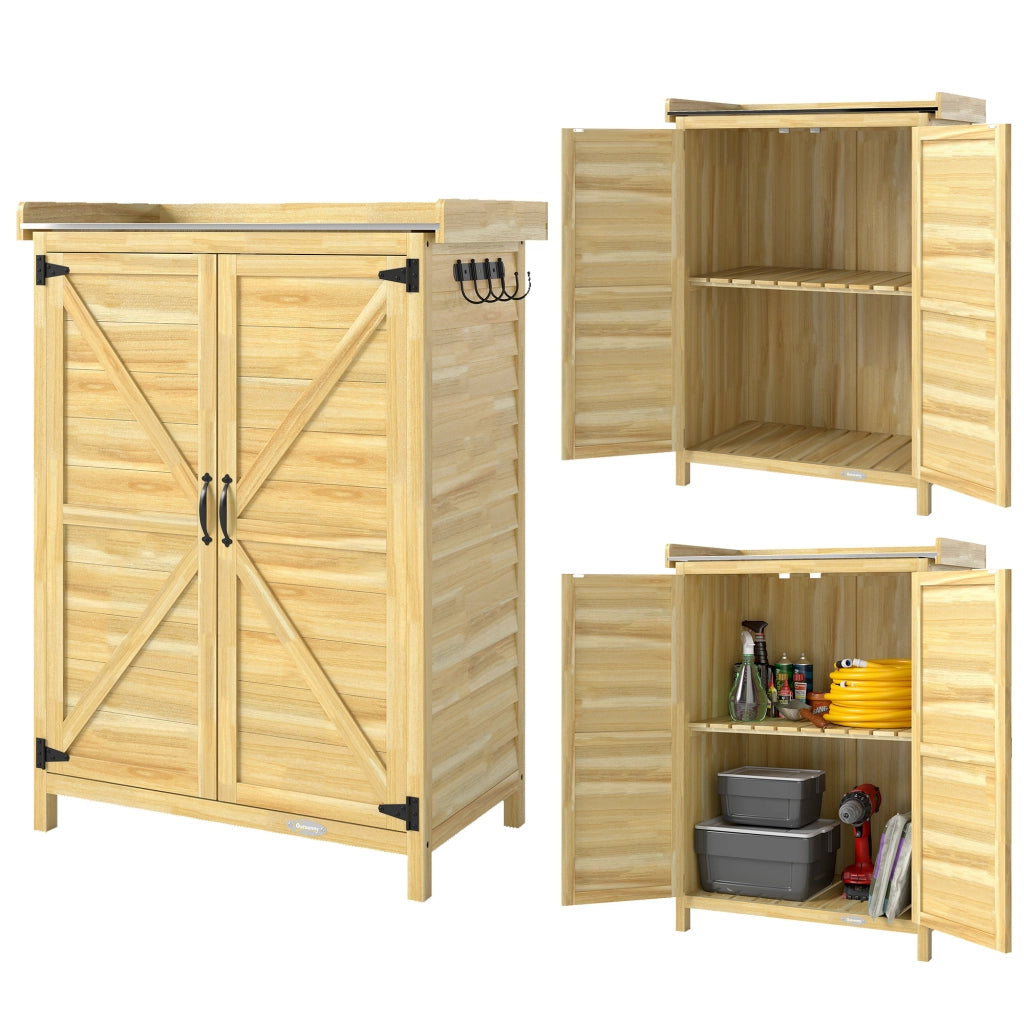 Armadio da Giardino in Legno con Piano in Acciaio, Ripiani e Ganci, 71.5x39x95 cm