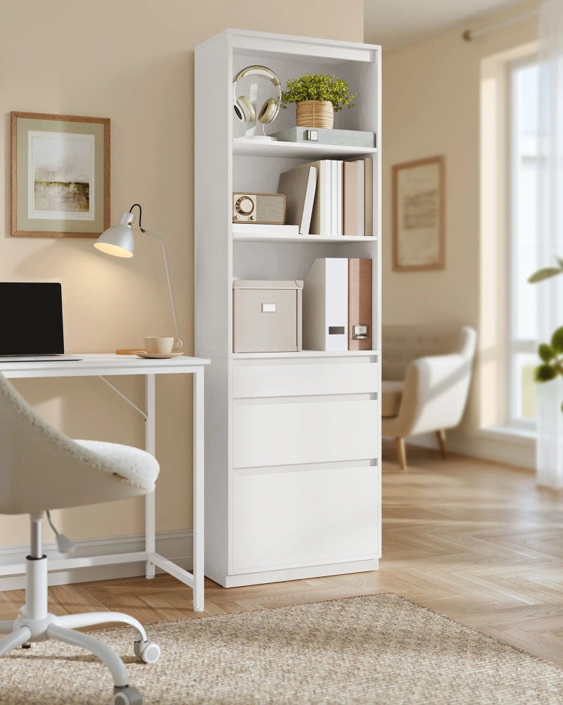 Libreria/credenza alta con 3 cassetti di diverse dimensioni e ripiani regolabili 30 x 57,1 x 180 cm per soggiorno camera da letto o ufficio design moderno salvaspazio bianco 12_0004216