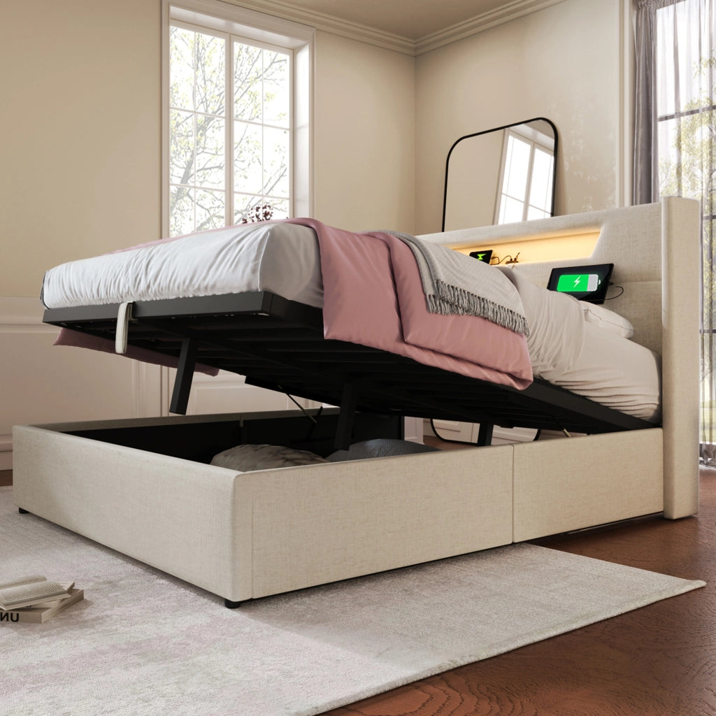 Letto matrimoniale 160x200 cm in lino beige con LED; USB e Type C; contenitore con rete