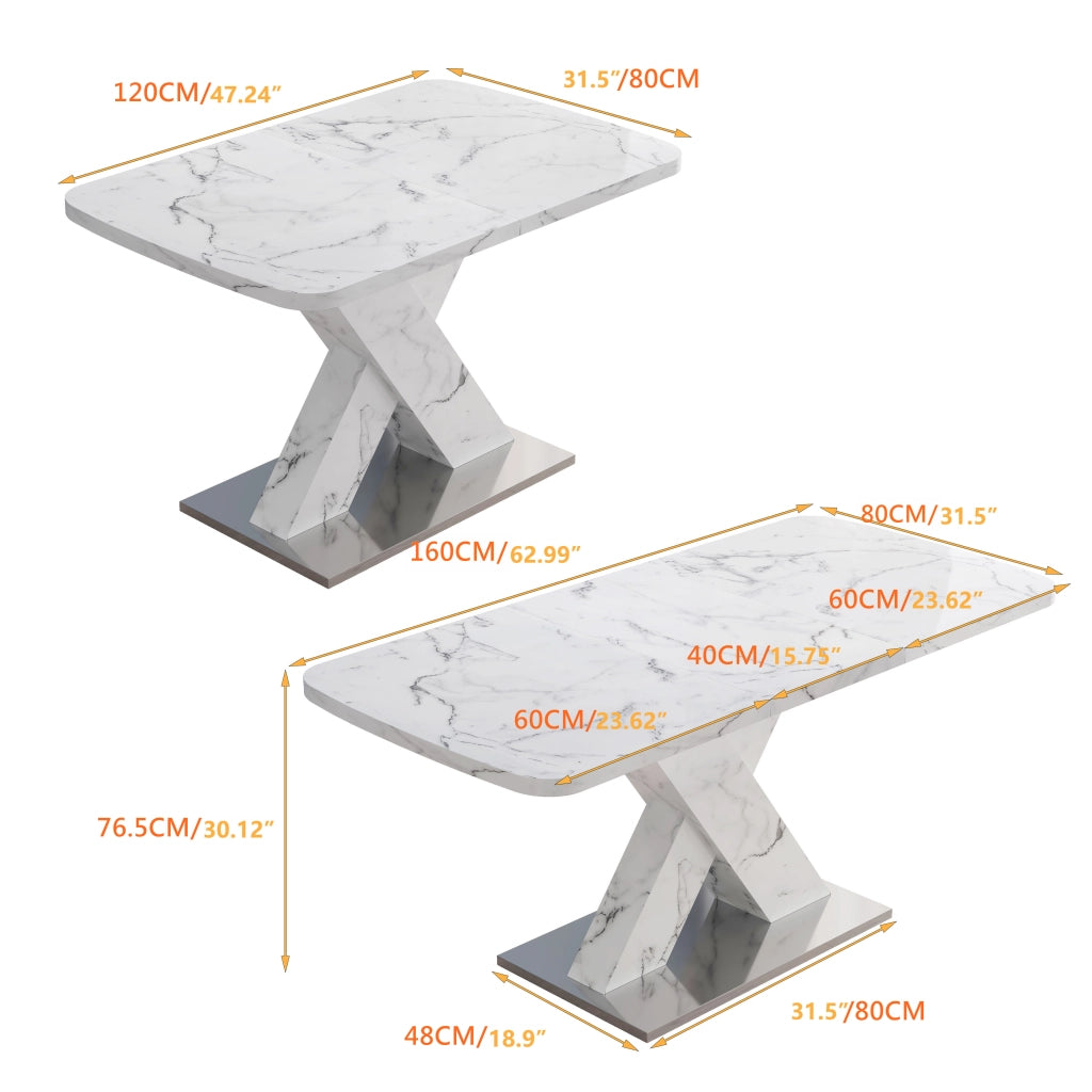Tavolo allungabile rettangolare con piano effetto marmo bianco e base a X in metallo per sala da pranzo 160 × 80 × 76,5 cm
