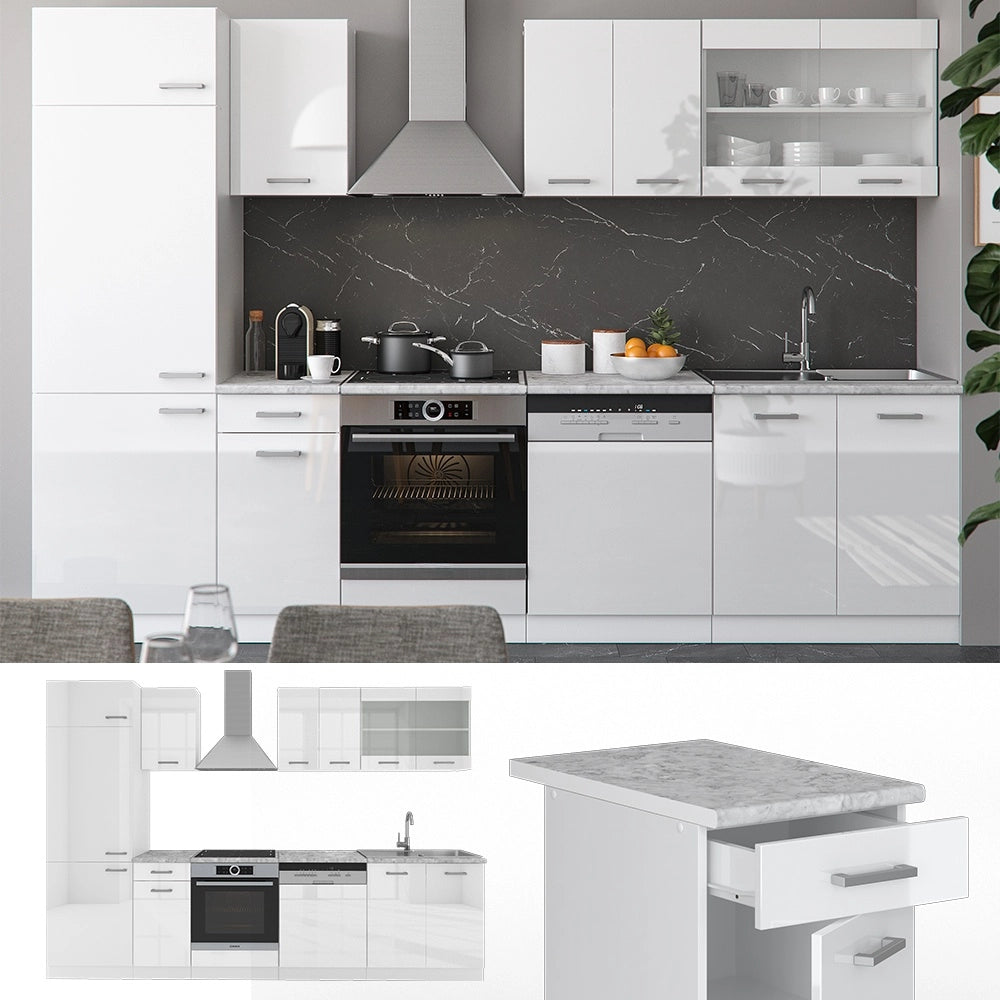 Cucina componibile R-Line Bianco lucido/Bianco 300 cm, PL Rovere Vicco