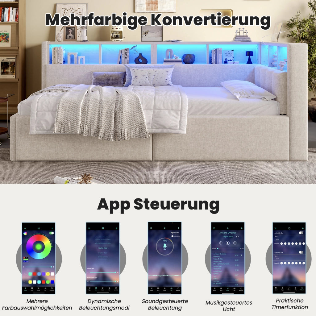DESMIU Letto divano 90 × 200 cm 1 posto con LED regolabile, USB, Type-C e contenitore idraulico, senza materasso, beige