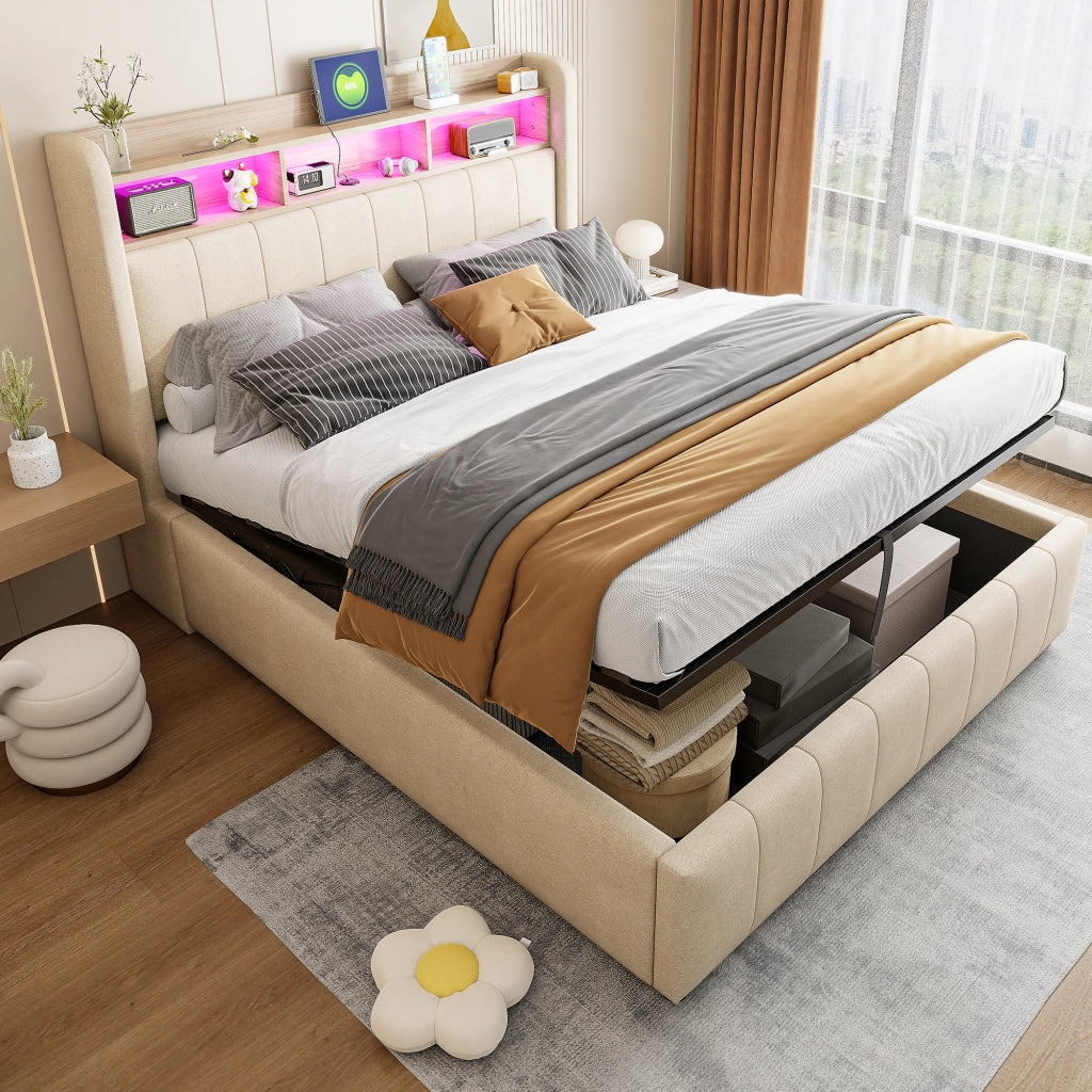 OKWISH Letto Contenitore 140×200 cm, Letto Matrimoniale con LED Regolabile, USB, Tipo C e Mensole, senza Materasso, in Tessuto, Beige