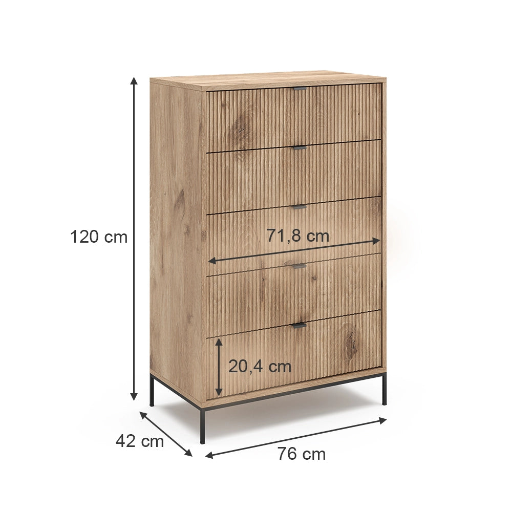 Vicco Cassettiera Quercia vichinga 76 x 120 cm con 5 cassetti