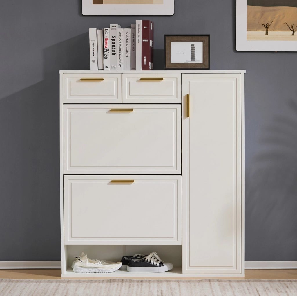 Scarpiera bianca 95x24x107 cm con ripiani regolabili; cassetti e maniglie in metallo
