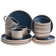 Servizio da tavola 16 pezzi in gres beige e blu elegante per cucina e sala da pranzo con finitura smaltata colorata per 4 persone