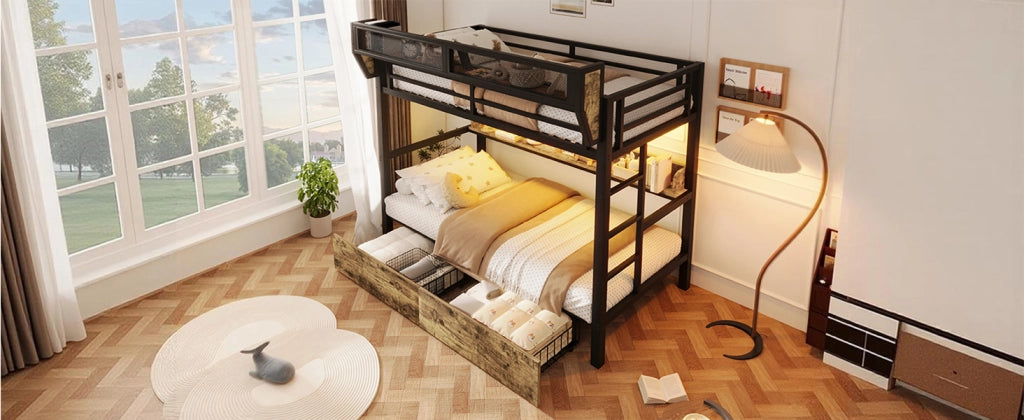 Letto a castello 90 × 200 cm con LED, 2 cassetti, ripiano et cestino, senza materasso, in metallo e MDF, nero