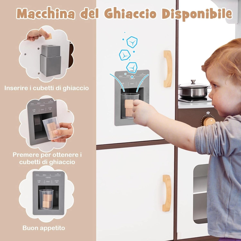 Cucina Giocattolo in Legno per Bambini, Set Cucina Giocattolo con Macchina di Ghiaccio, Microonde, Forno, Lavello, Lavatrice e Accessori, Effetti Sonori e Luminosi per Bambini 3 Anni+